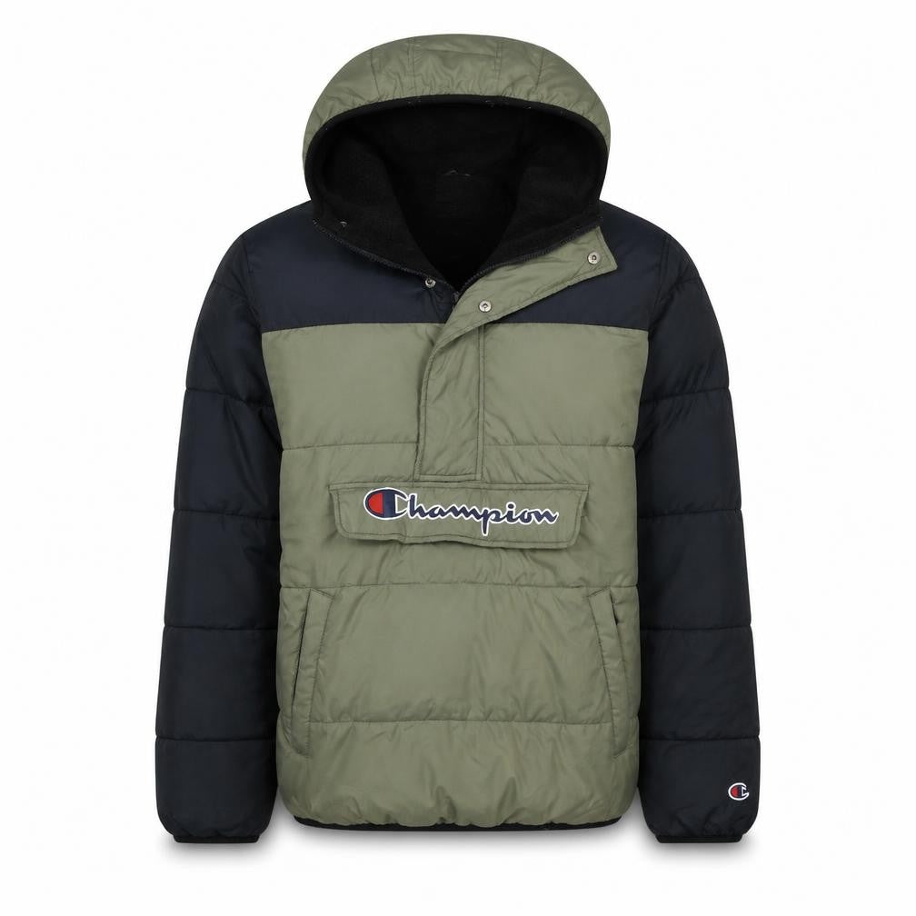 Front view of Champion Men's Green Hooded Puffer Jacket Medium