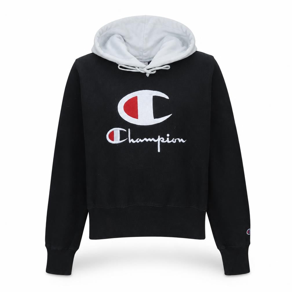 Front view of Champion women’s black large reverse weave hoodie sweatshirt