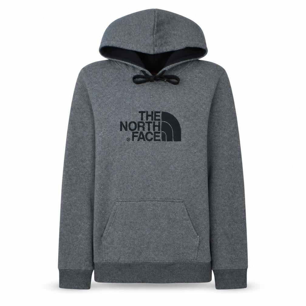 Front view of The North Face women’s grey pullover hoodie, size S, cotton blend