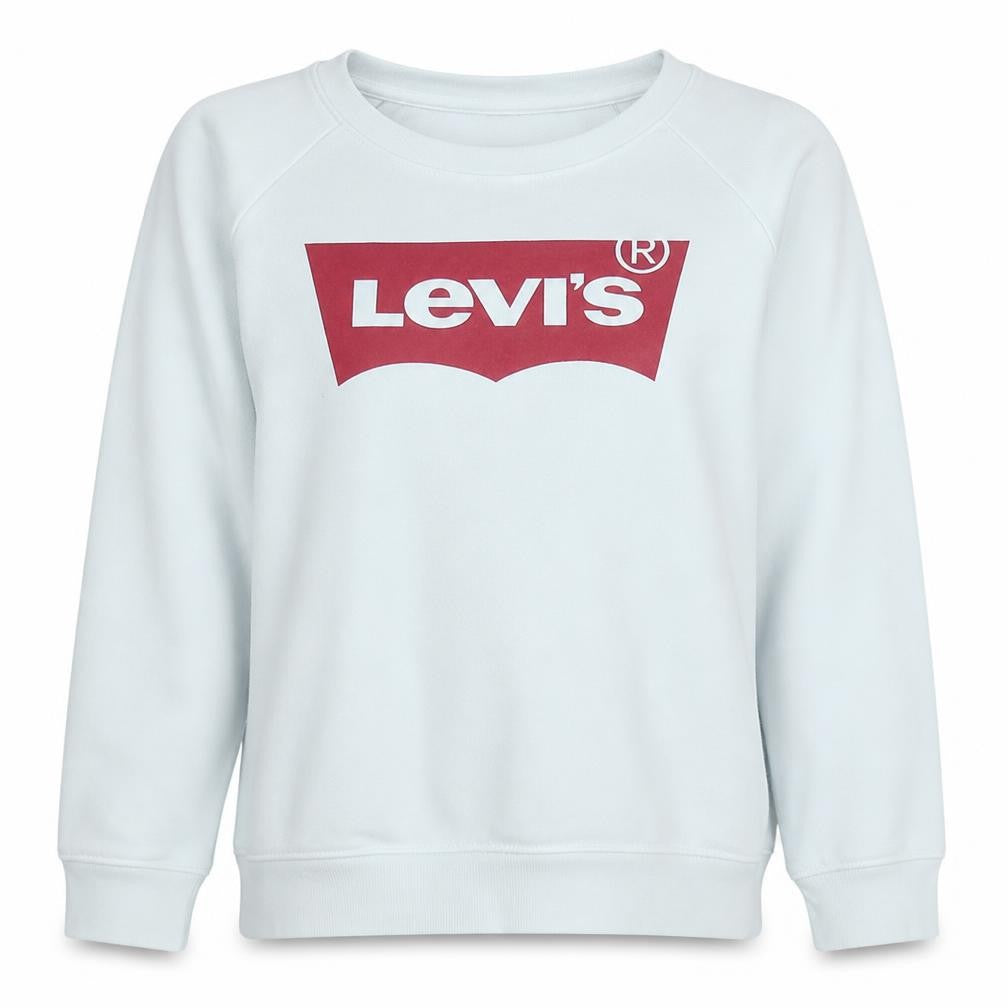 Front view of Levi's women’s white logo crew neck pullover sweatshirt, size M