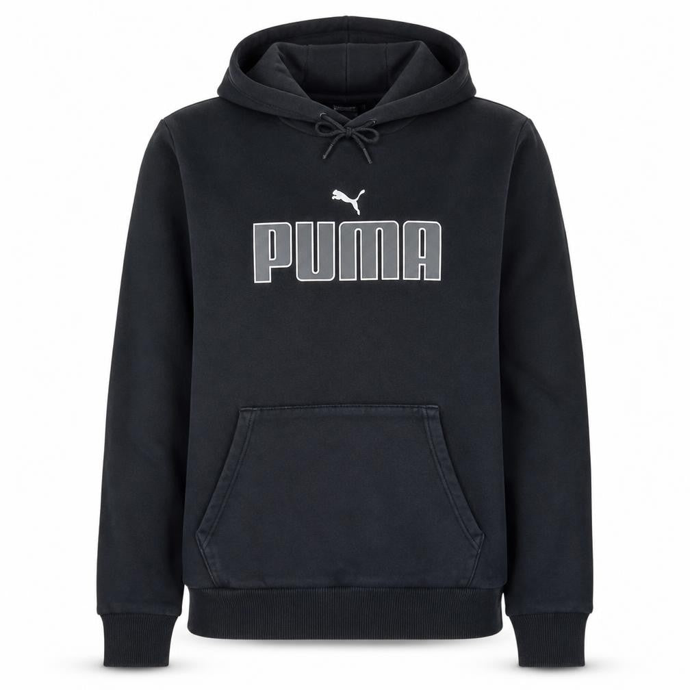 Front view of Puma women’s black small pullover hoodie with logo print