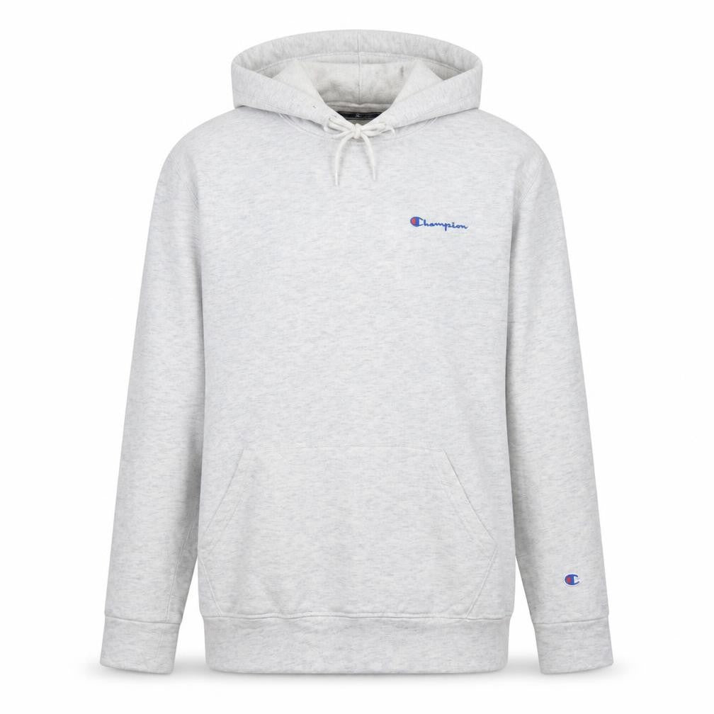 Front view of Champion Men's Grey Pullover Hoodie Medium Classic Fleece Logo