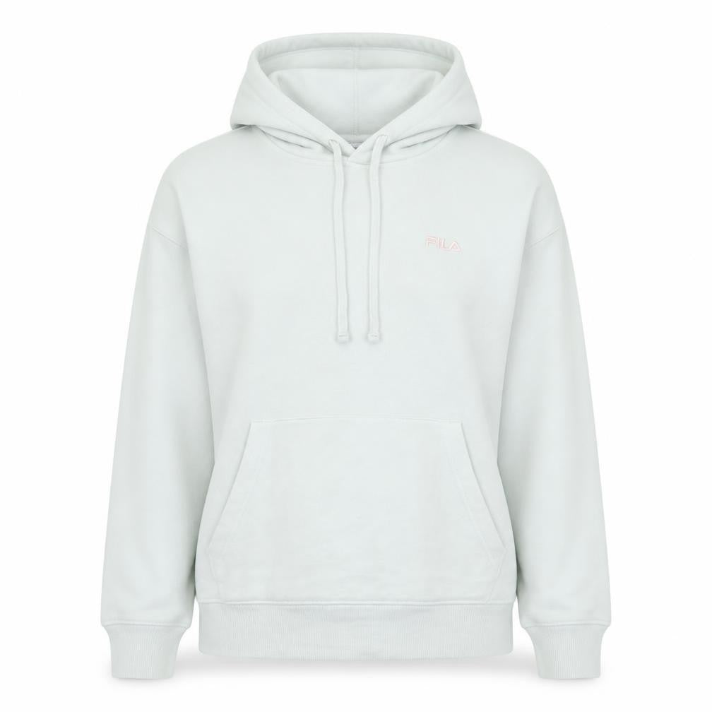 Front view of Fila women’s white hooded pullover sweatshirt, size M, cotton blend