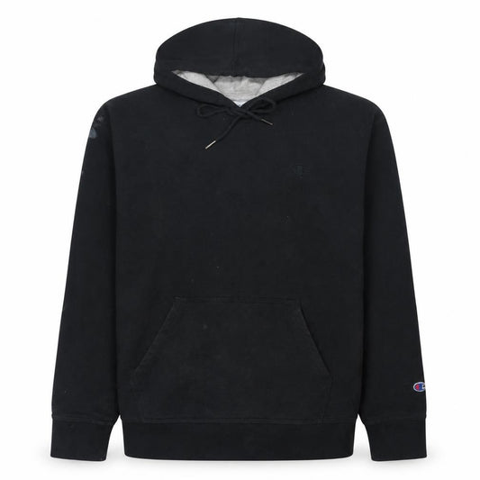 Front view of Champion Men's Black Pullover Hoodie, size L, Fleece Sportswear