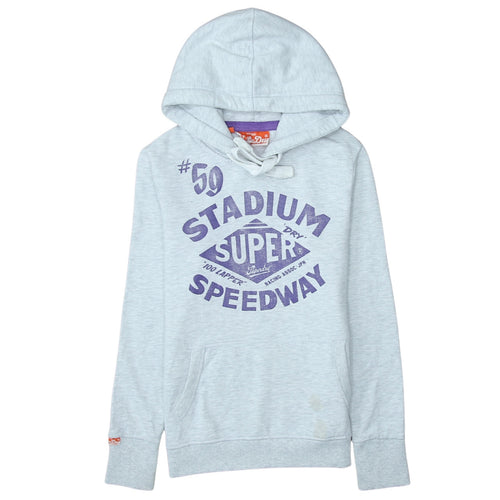Superdry Womens Grey XS Pullover Hoodie with Purple Logo Print