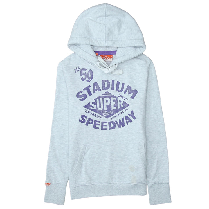 Superdry Womens Grey XS Pullover Hoodie with Purple Logo Print