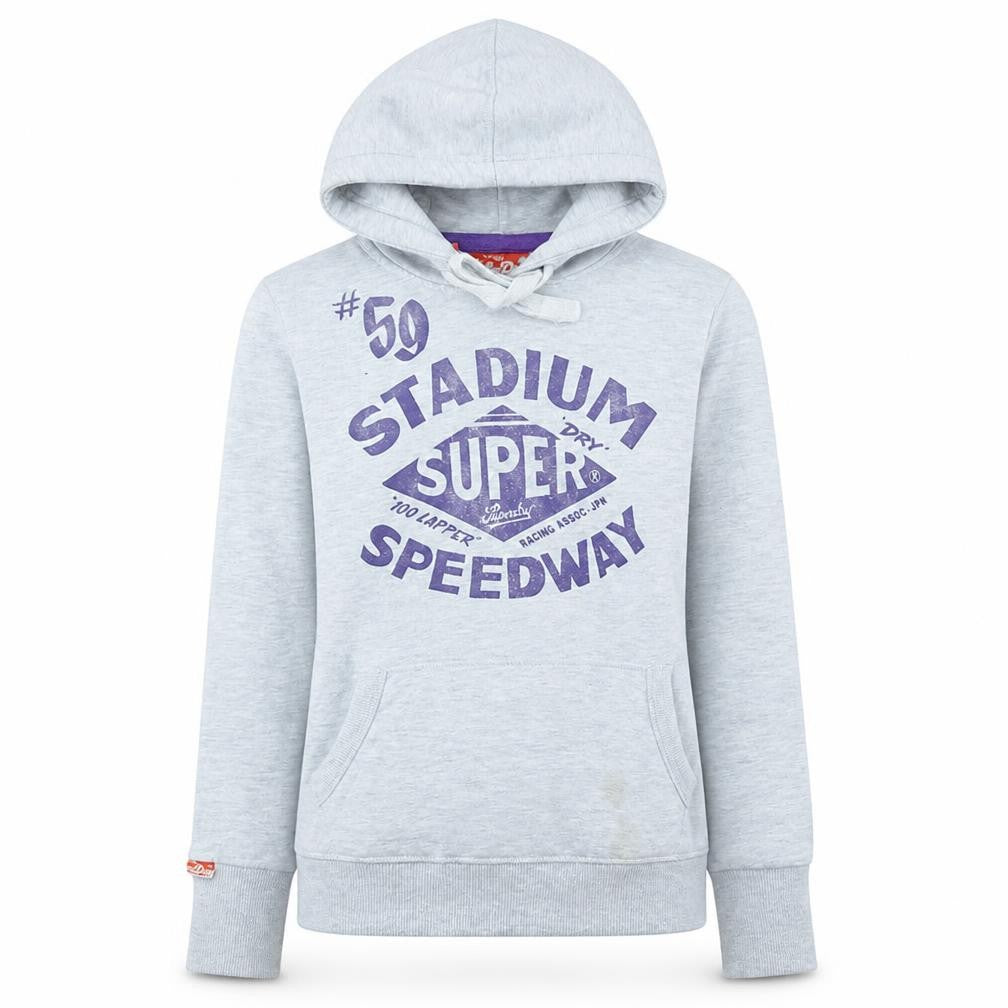 Front view of Superdry women’s grey xs pullover hoodie with purple logo print