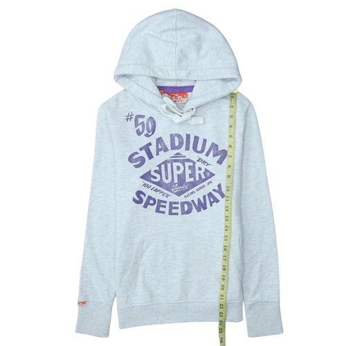 Superdry Womens Grey XS Pullover Hoodie with Purple Logo Print