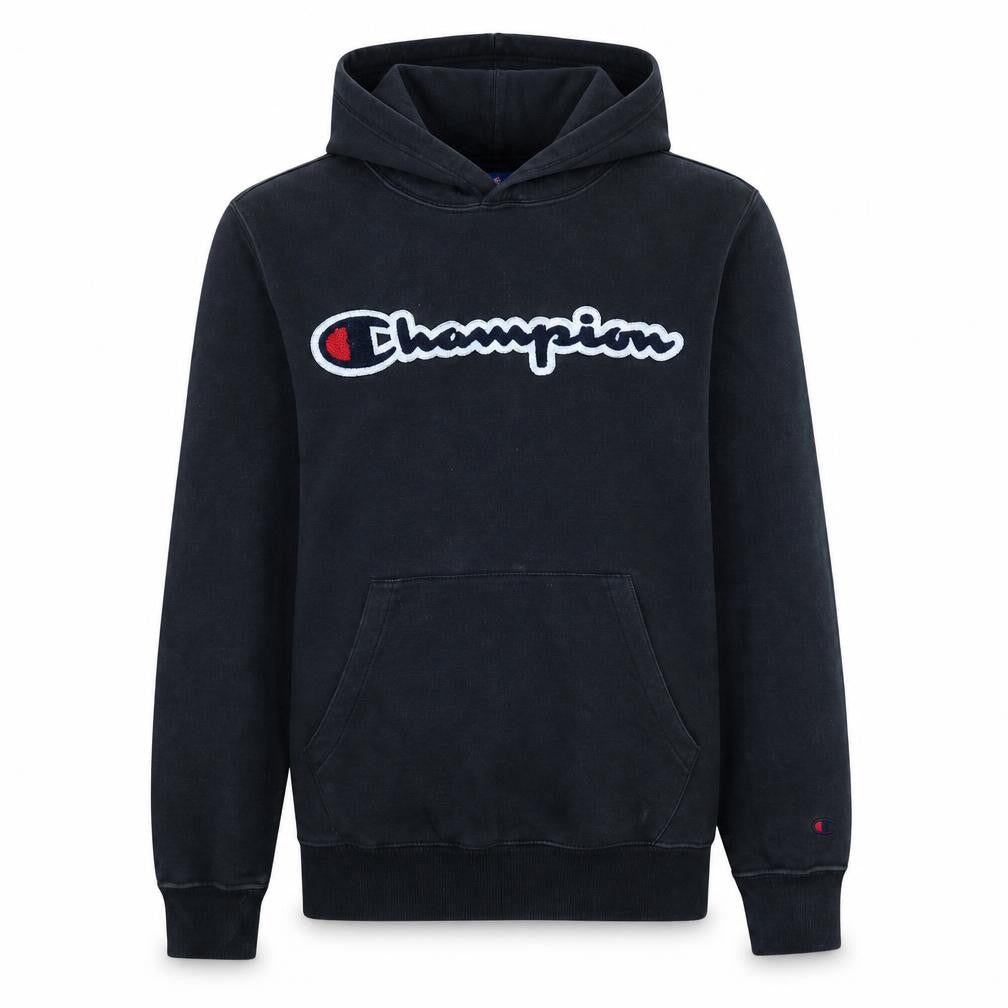 Front view of Champion boys’ black xl 13-14 years pullover hoodie with logo