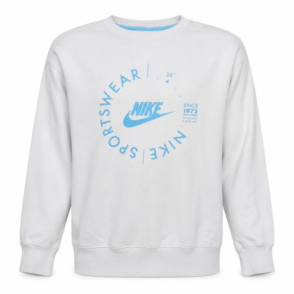 Front view of Nike men’s white medium pullover crew neck graphic sweatshirt