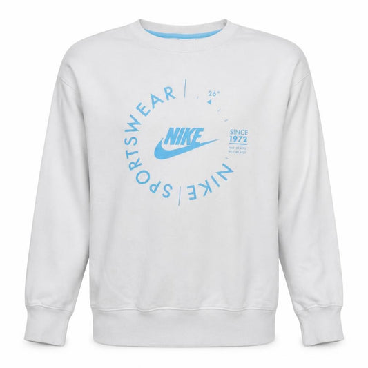 Front view of Nike men’s white medium pullover crew neck graphic sweatshirt