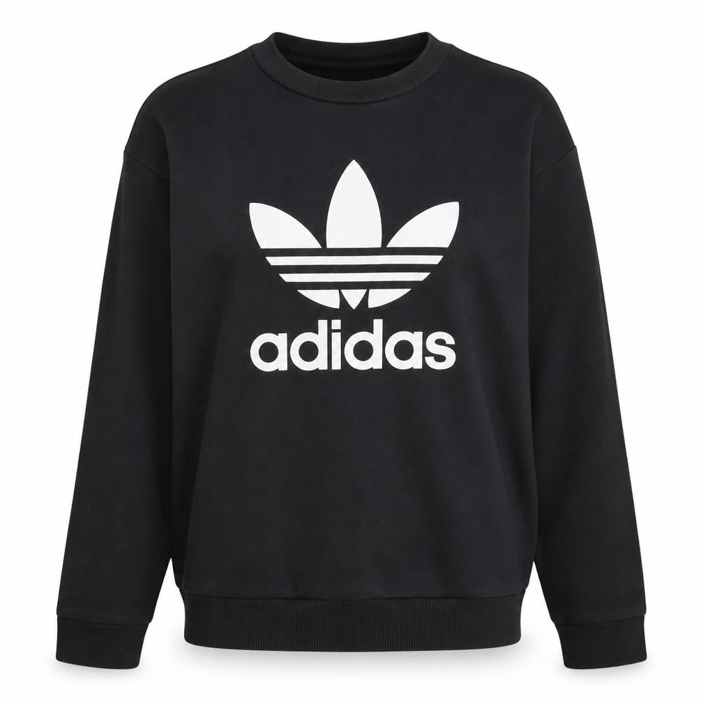 Front view of Adidas Women Black Crew Neck Pullover Sweatshirt, size 10, Logo Print