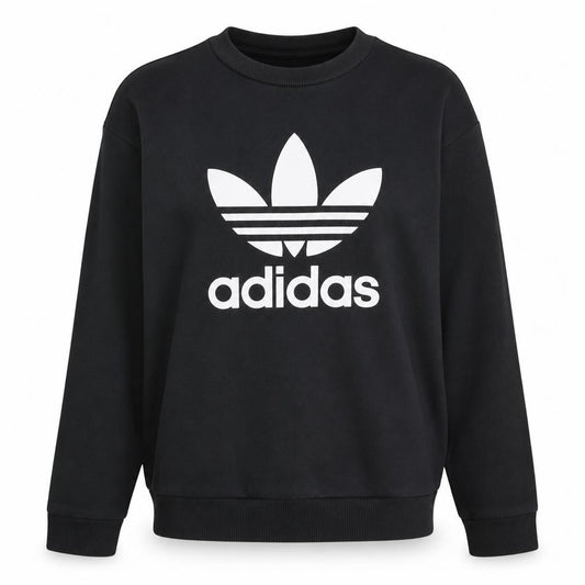 Front view of Adidas Women Black Crew Neck Pullover Sweatshirt, size 10, Logo Print
