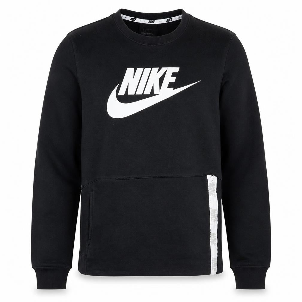 Front view of Nike Men's Black Medium Crew Neck Pullover Sweatshirt with Logo