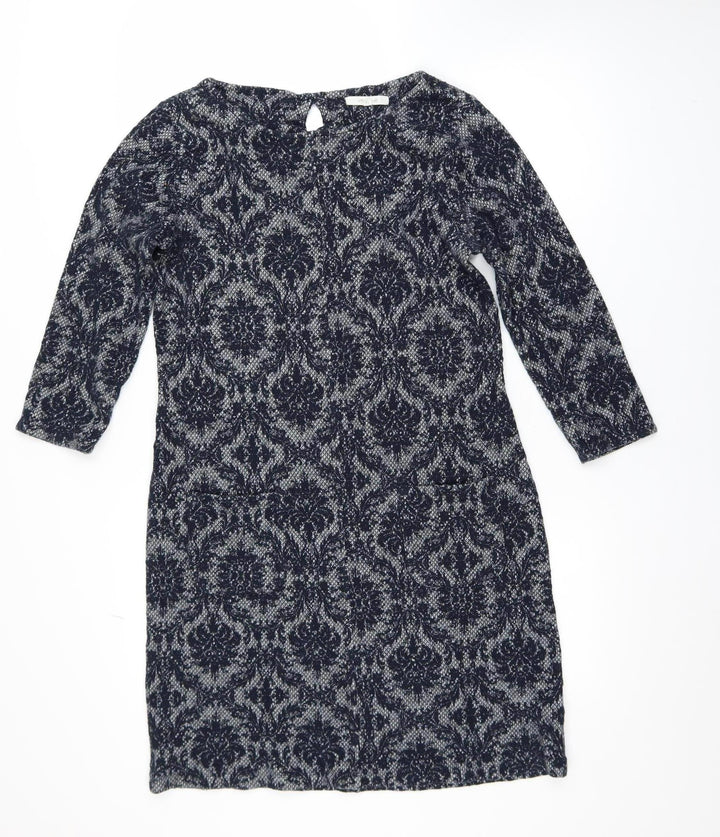 White Stuff Women's Blue Geometric Shift Dress Size 12 3/4 Sleeve