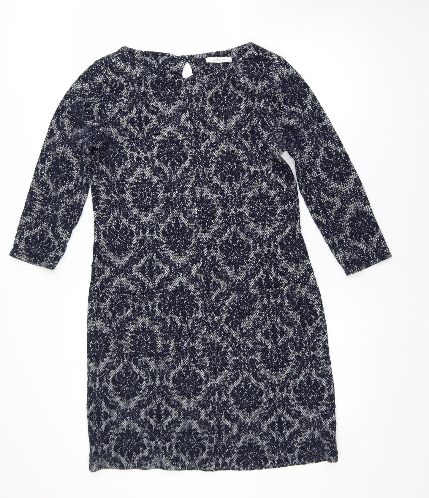 White Stuff Women's Blue Geometric Shift Dress Size 12 3/4 Sleeve