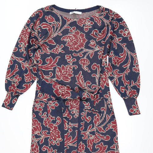 Zara Women Multicoloured S Floral Belted Shift Dress