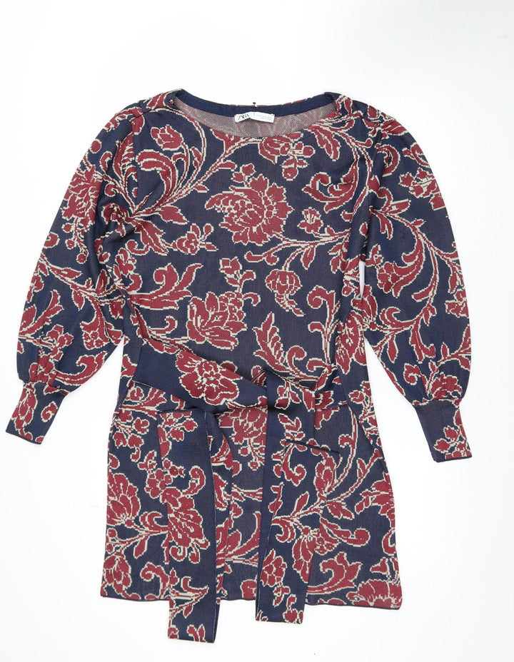 Zara Women Multicoloured S Floral Belted Shift Dress