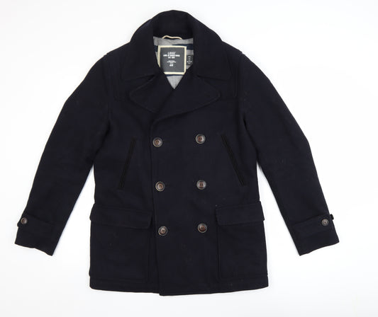 H&M L.O.G.G. Men's Black Wool Blend Pea Coat Size S Classic Double Breasted