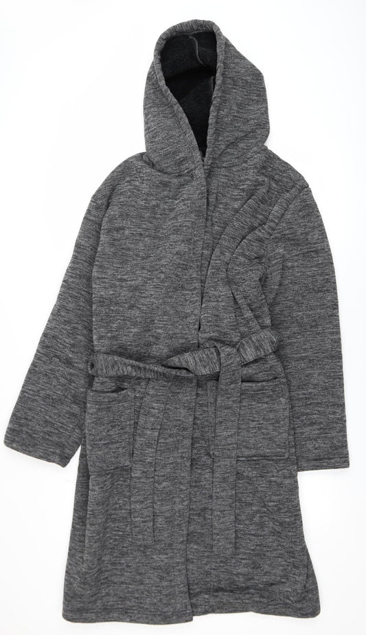 Next Men's Grey Hooded Robe Belted Polyester Medium