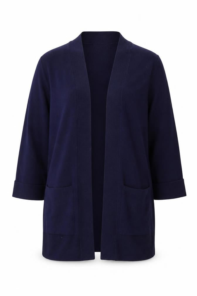 Front view of Jasper Conran Women’s Blue Knit Cardigan, size UK 16, Lightweight Open Front