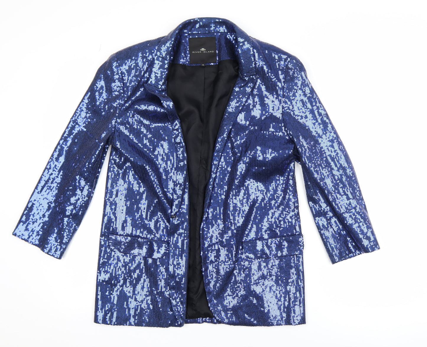 River Island Women's Blue Sequin Tuxedo Blazer Size 10 Party Jacket
