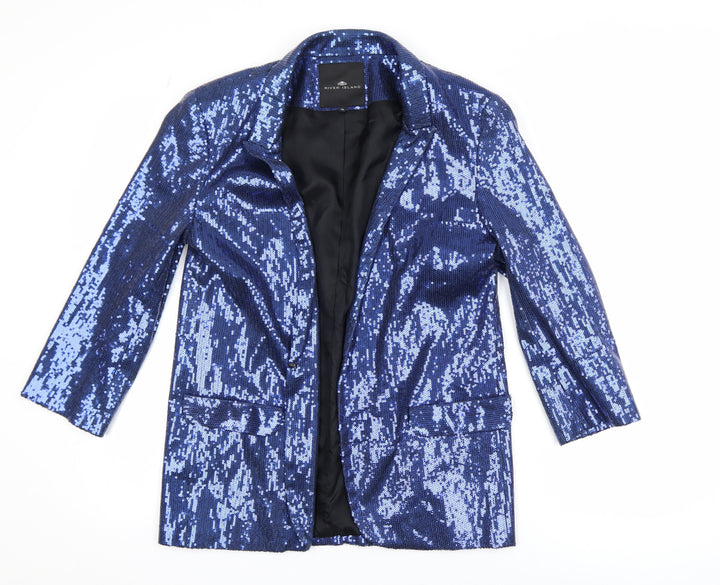 River Island Women's Blue Sequin Tuxedo Blazer Size 10 Party Jacket