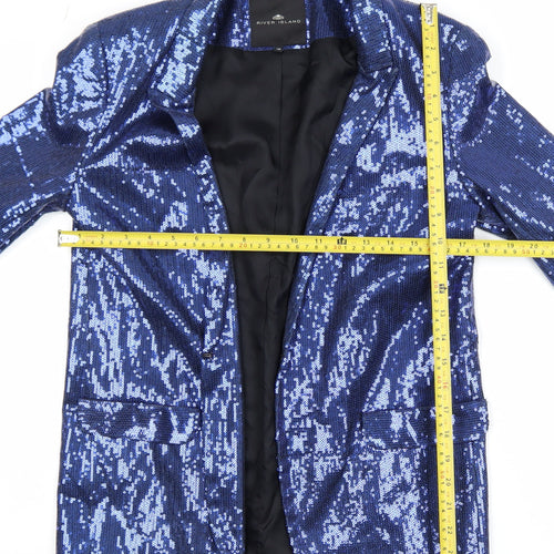 River Island Women's Blue Sequin Tuxedo Blazer Size 10 Party Jacket
