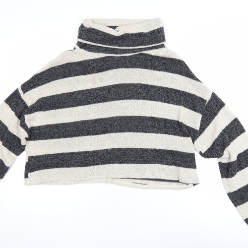 Pull&Bear Womens Grey Striped Roll Neck Knit Jumper Size L