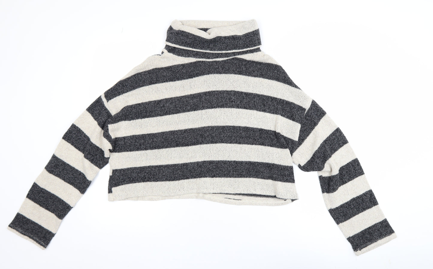 Pull&Bear Womens Grey Striped Roll Neck Knit Jumper Size L