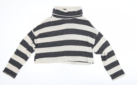Pull&Bear Womens Grey Striped Roll Neck Knit Jumper Size L
