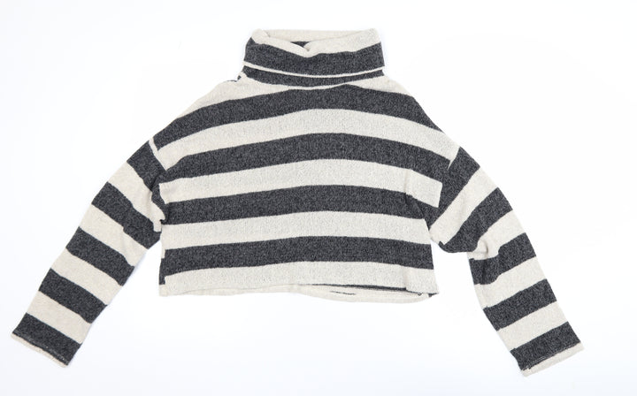Pull&Bear Womens Grey Striped Roll Neck Knit Jumper Size L