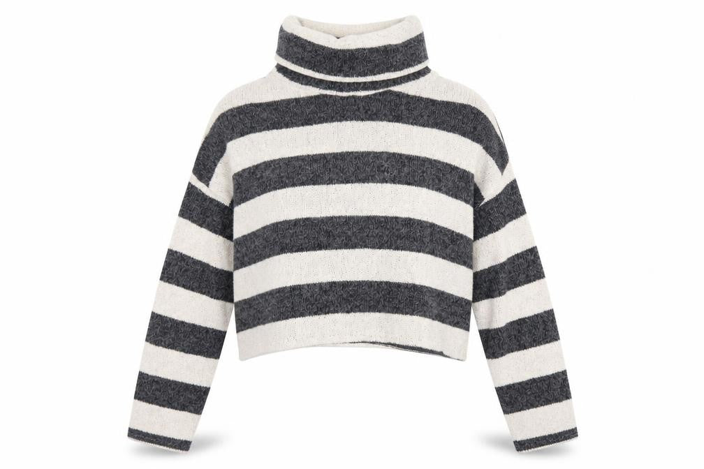 Front view of Pull&Bear women’s grey striped roll neck knit jumper, size L