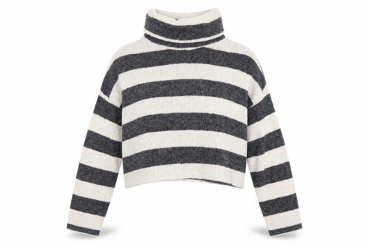 Front view of Pull&Bear women’s grey striped roll neck knit jumper, size L