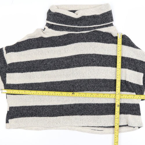 Pull&Bear Womens Grey Striped Roll Neck Knit Jumper Size L