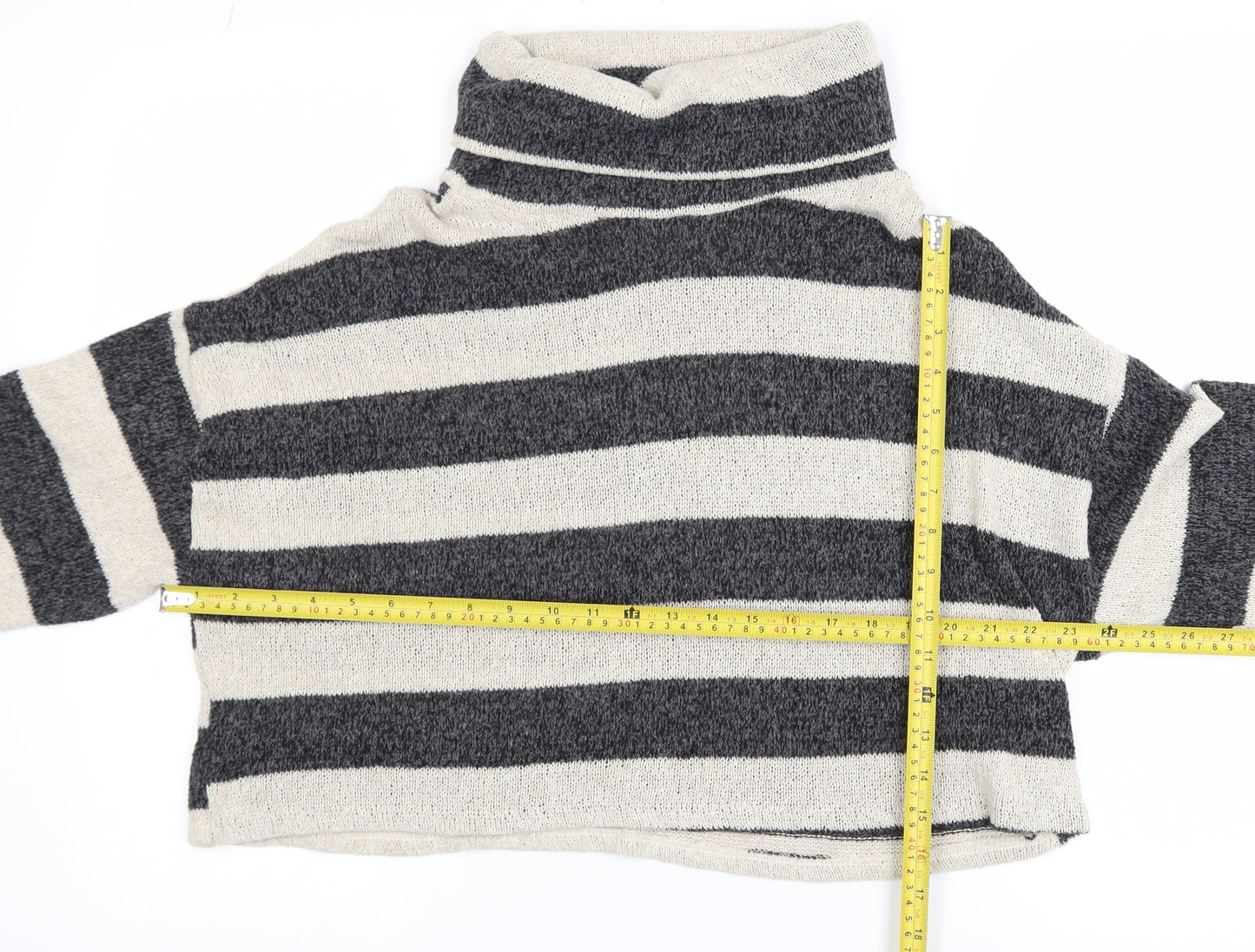 Pull&Bear Womens Grey Striped Roll Neck Knit Jumper Size L