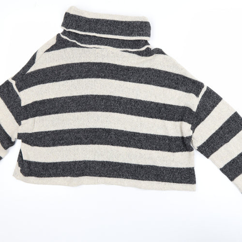 Pull&Bear Womens Grey Striped Roll Neck Knit Jumper Size L