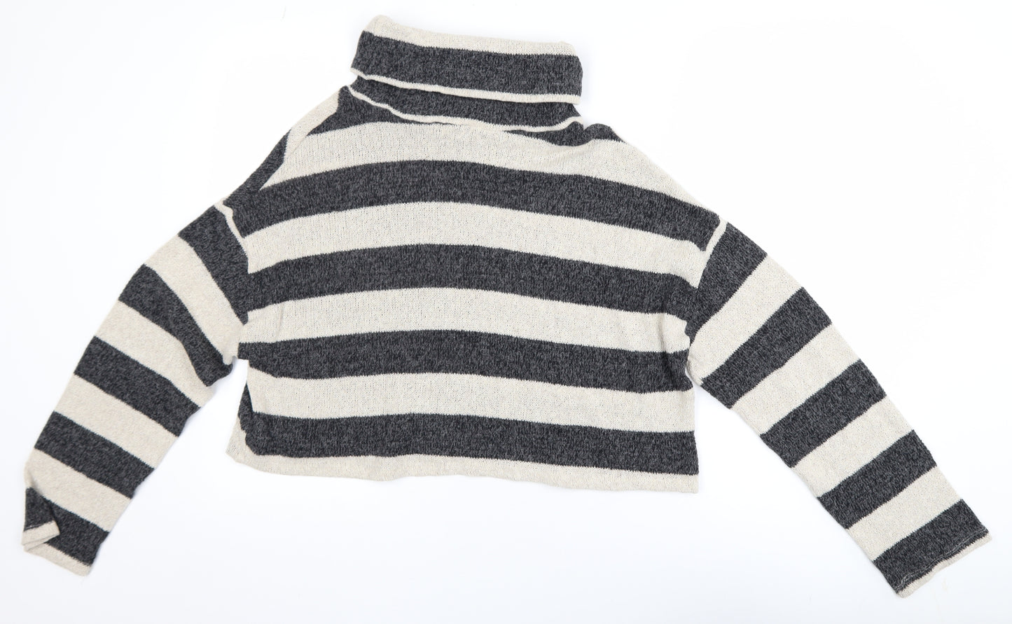 Pull&Bear Womens Grey Striped Roll Neck Knit Jumper Size L