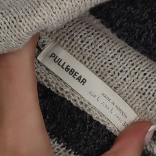 Pull&Bear Womens Grey Striped Roll Neck Knit Jumper Size L