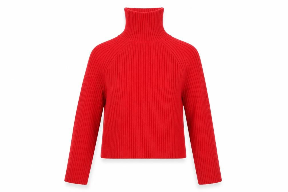 Front view of H&M women’s red roll neck ribbed knit jumper, size S
