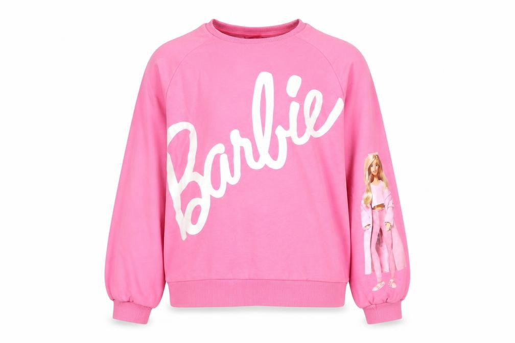 Front view of Barbie girls’ pink crew neck cotton pullover sweatshirt, size 10, years