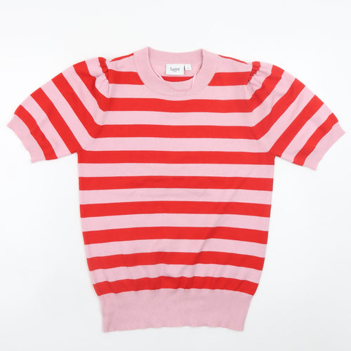 Saint Tropez Women's Pink Red Striped Puff Sleeve Knit Jumper S