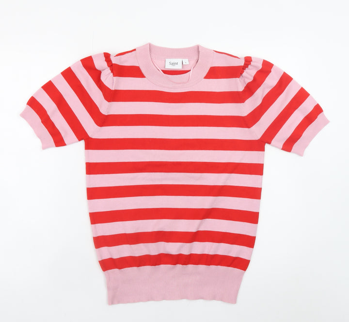 Saint Tropez Women's Pink Red Striped Puff Sleeve Knit Jumper S