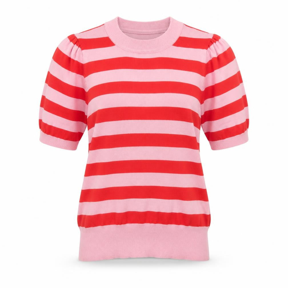 Saint Tropez Women's Pink Red Striped Puff Sleeve Knit Jumper S