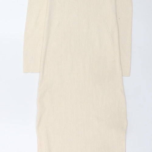 Stradivarius Women’s Beige Ribbed Knit Bodycon Midi Dress Size 10