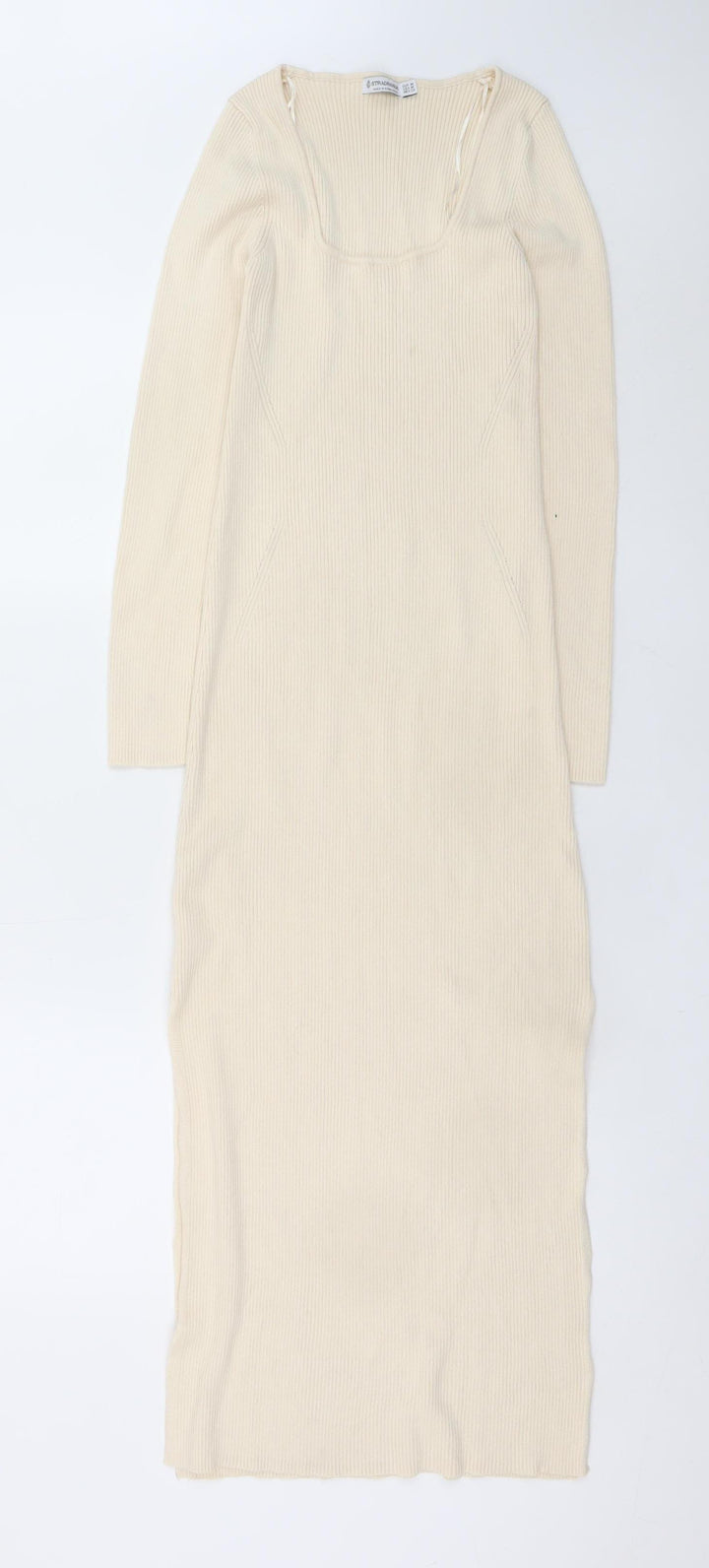 Stradivarius Women’s Beige Ribbed Knit Bodycon Midi Dress Size 10