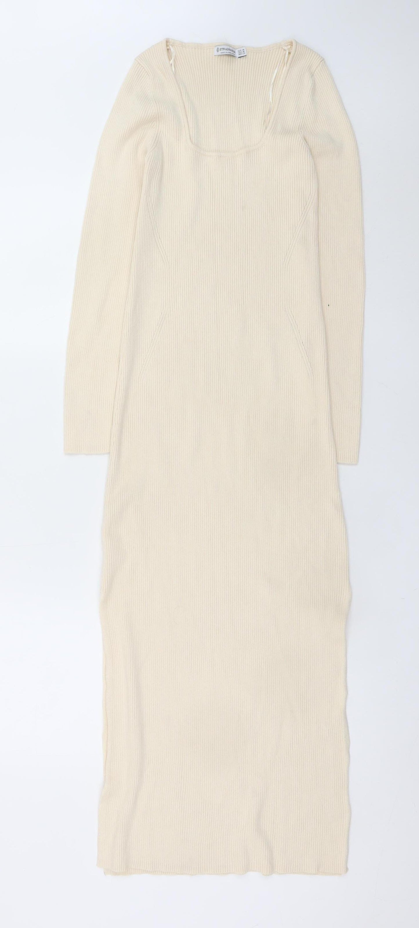 Stradivarius Women’s Beige Ribbed Knit Bodycon Midi Dress Size 10
