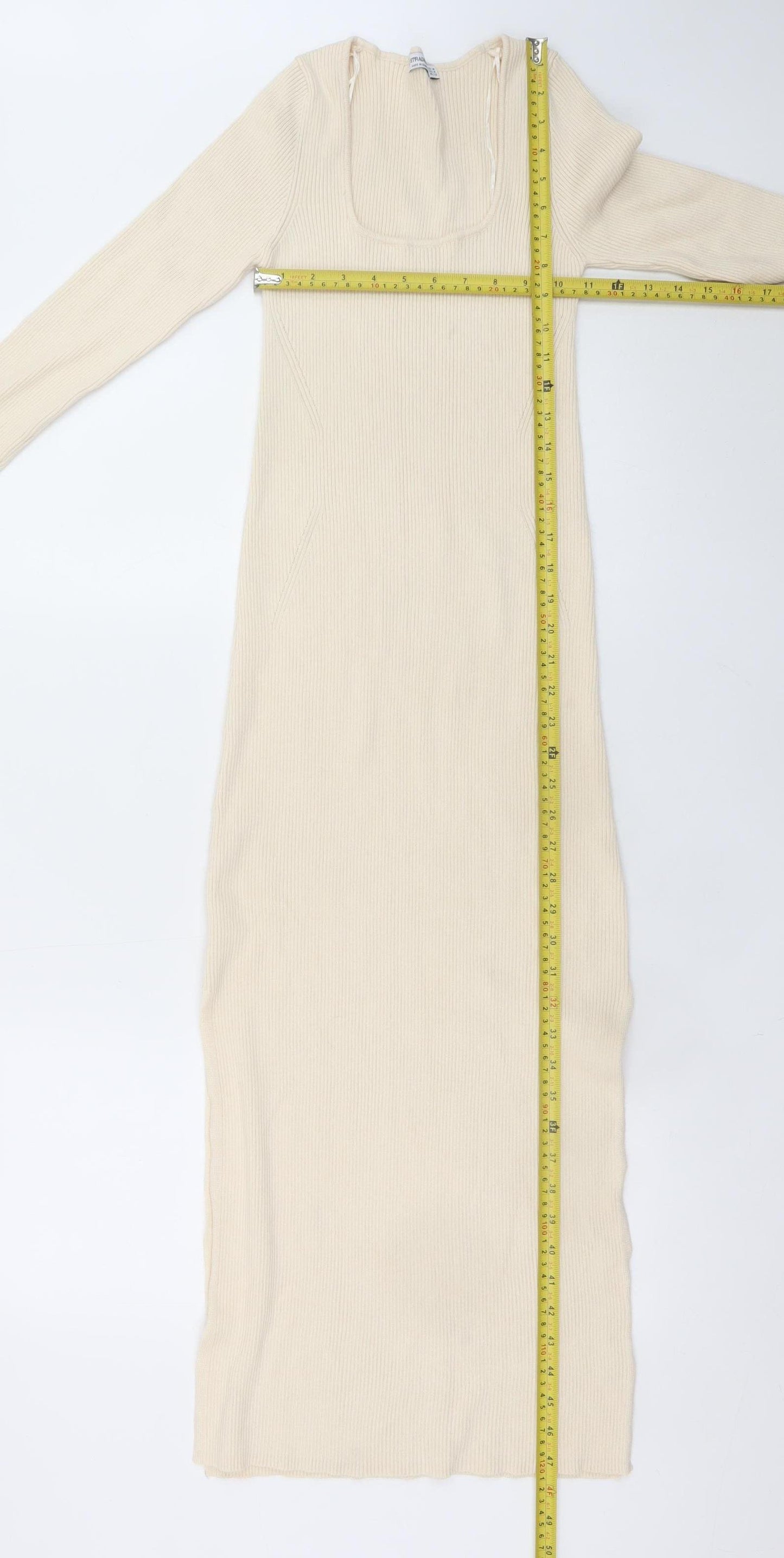 Stradivarius Women’s Beige Ribbed Knit Bodycon Midi Dress Size 10