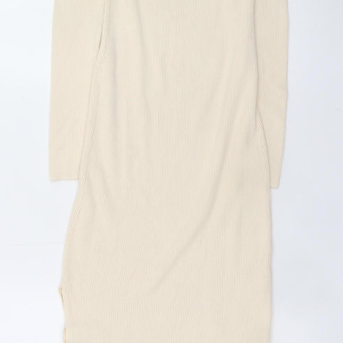 Stradivarius Women’s Beige Ribbed Knit Bodycon Midi Dress Size 10
