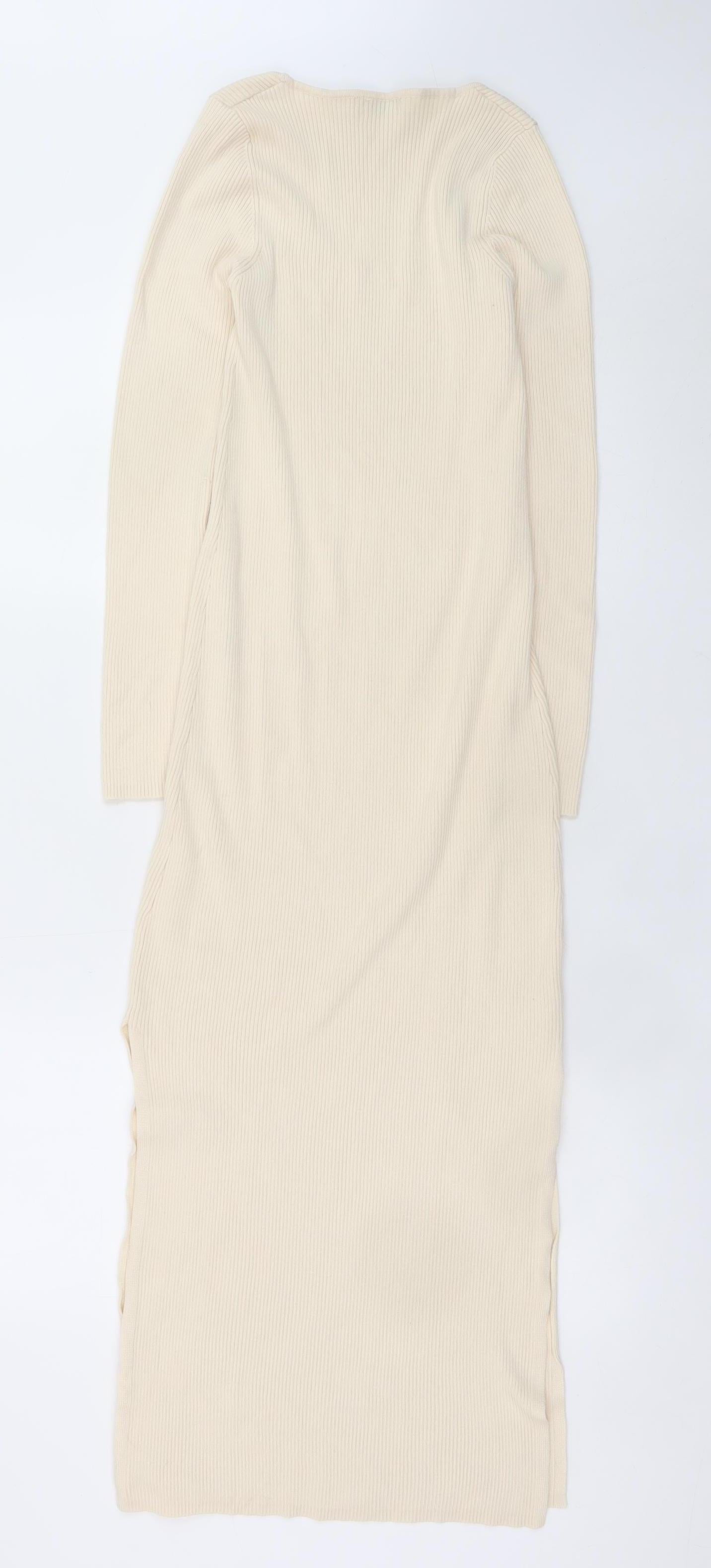Stradivarius Women’s Beige Ribbed Knit Bodycon Midi Dress Size 10